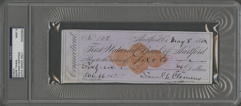 1875 Samuel L. Clemens /Mark Twain Signed and Encapsulated Check (PSA Mint 9)